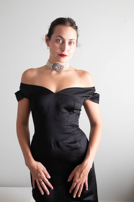 Iconic 1950's Black Silk Satin Couture Evening Gown By Philip Hulitar / Small