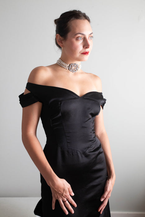 Iconic 1950's Black Silk Satin Couture Evening Gown By Philip Hulitar / Small