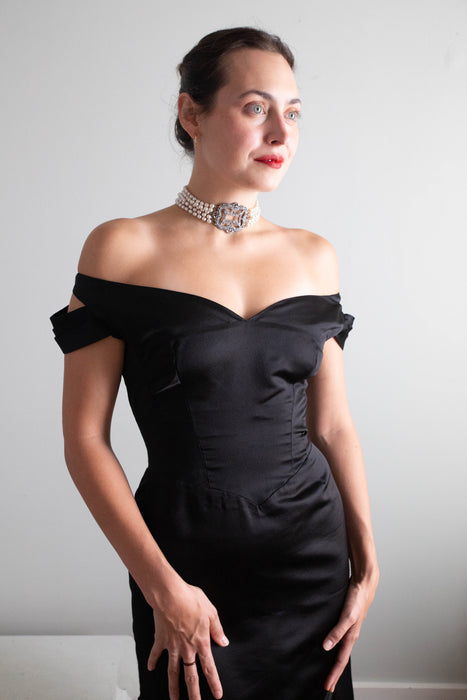 Iconic 1950's Black Silk Satin Couture Evening Gown By Philip Hulitar / Small