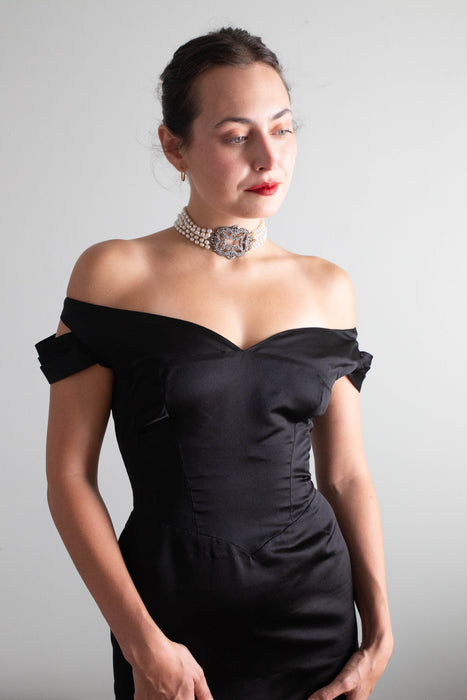 Iconic 1950's Black Silk Satin Couture Evening Gown By Philip Hulitar / Small