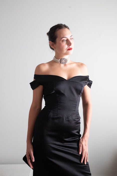 Iconic 1950's Black Silk Satin Couture Evening Gown By Philip Hulitar / Small