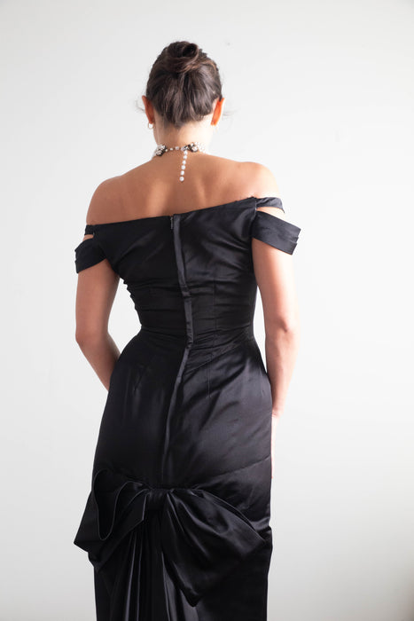 Iconic 1950's Black Silk Satin Couture Evening Gown By Philip Hulitar / Small