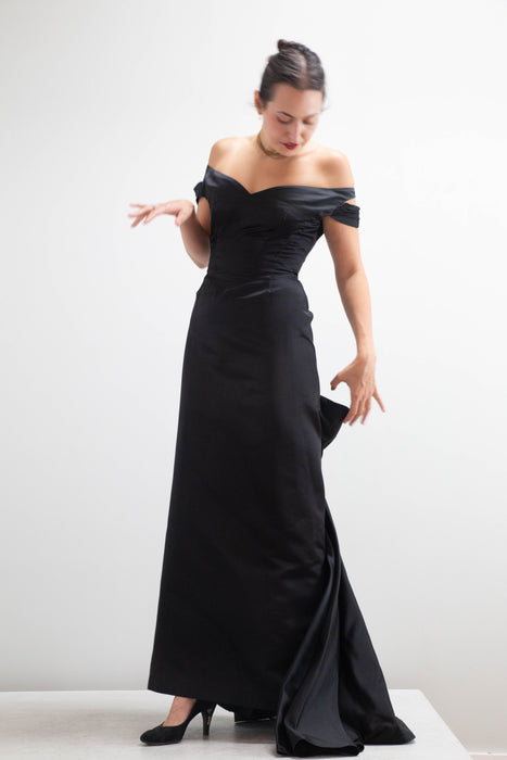 Iconic 1950's Black Silk Satin Couture Evening Gown By Philip Hulitar / Small