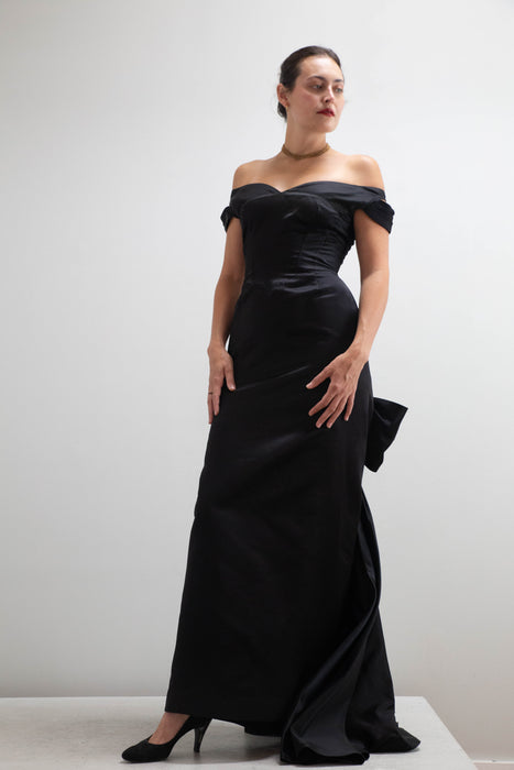 Iconic 1950's Black Silk Satin Couture Evening Gown By Philip Hulitar / Small