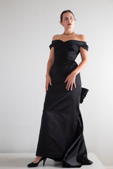 Iconic 1950's Black Silk Satin Couture Evening Gown By Philip Hulitar / Small