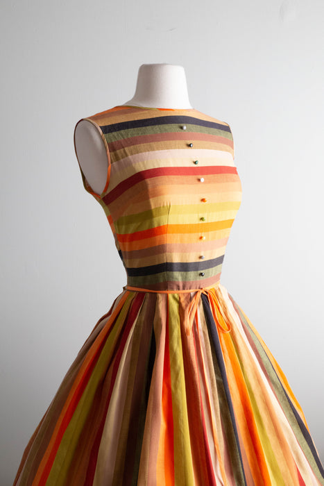 Glorious 1950's Autumn Rainbow Cotton Dress / Medium