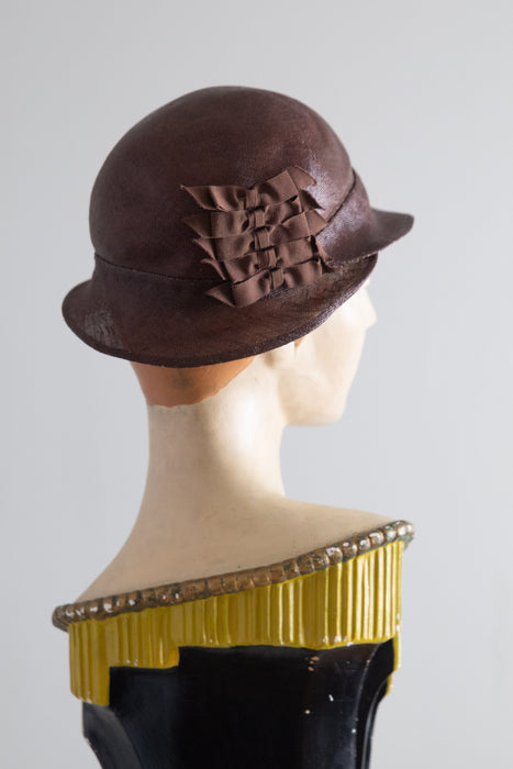 1920's Glossy Chocolate Straw Cloche Hat From I.Magnin