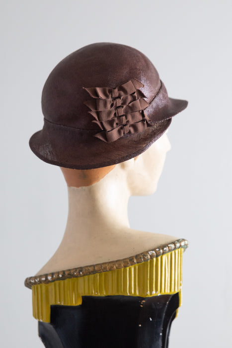 1920's Glossy Chocolate Straw Cloche Hat From I.Magnin