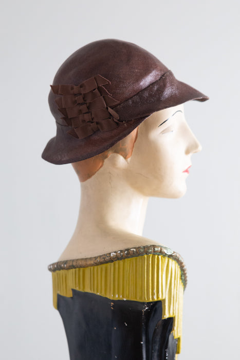 1920's Glossy Chocolate Straw Cloche Hat From I.Magnin