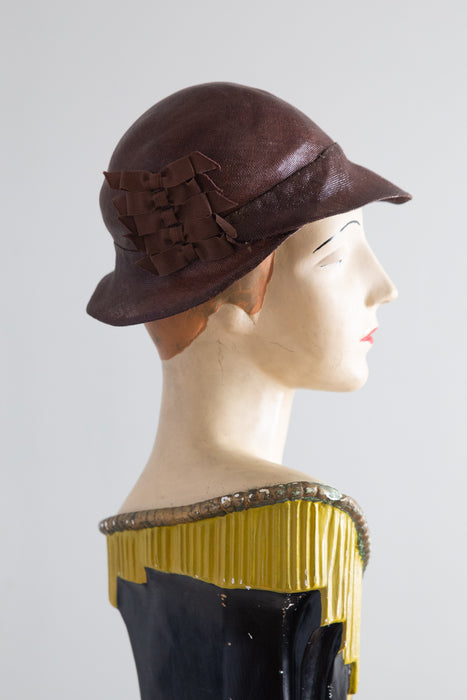 1920's Glossy Chocolate Straw Cloche Hat From I.Magnin