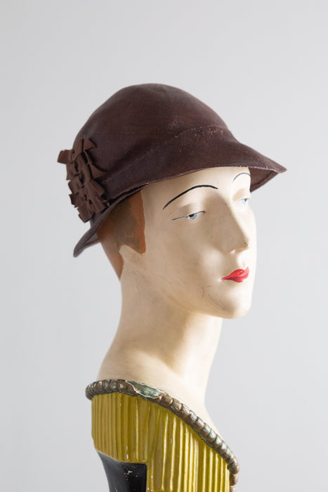 1920's Glossy Chocolate Straw Cloche Hat From I.Magnin