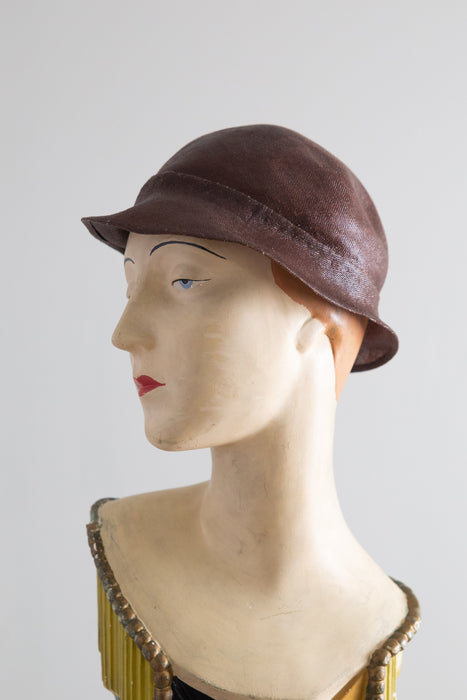 1920's Glossy Chocolate Straw Cloche Hat From I.Magnin