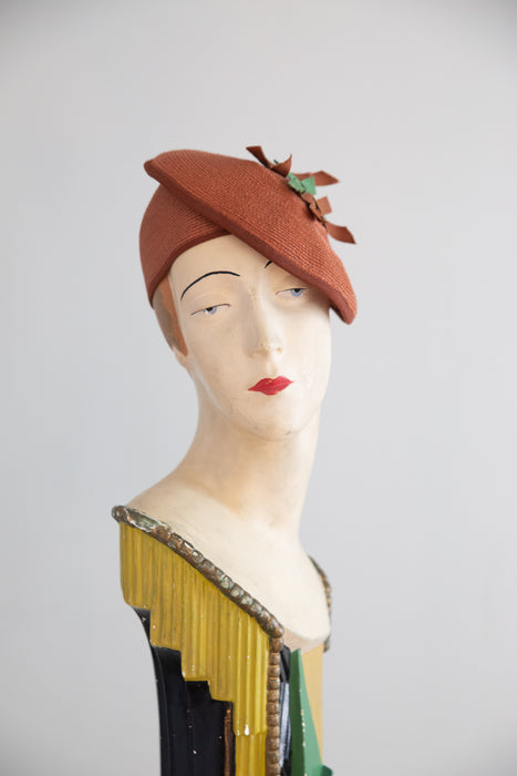 Whimsical 1930's Straw Tilt Hat With Bows