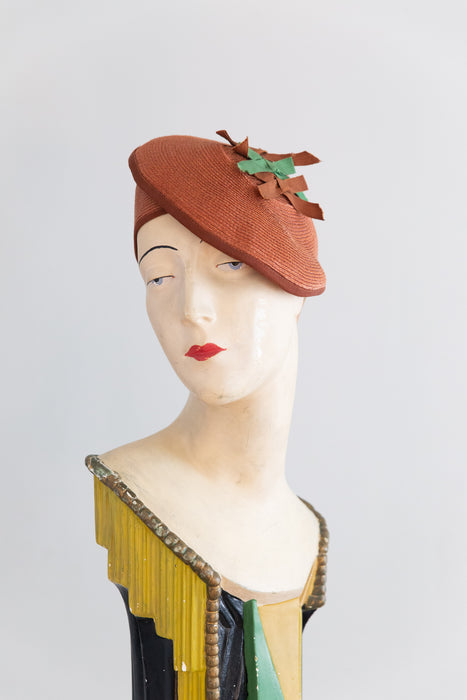 Whimsical 1930's Straw Tilt Hat With Bows