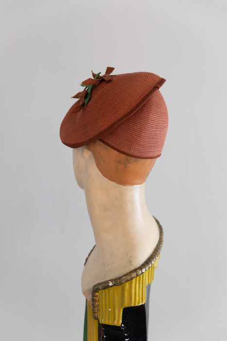 Whimsical 1930's Straw Tilt Hat With Bows