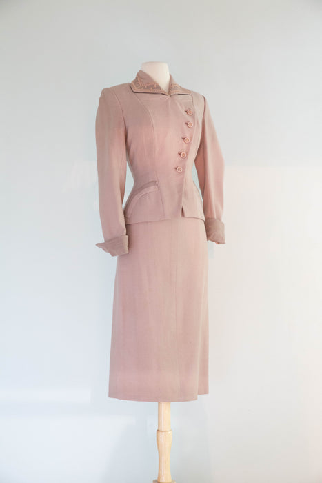 Impeccable Late 1940's Rose Taupe Wool Ladies Two Piece Suit by Natalie Green / XS