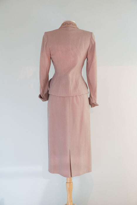 Impeccable Late 1940's Rose Taupe Wool Ladies Two Piece Suit by Natalie Green / XS