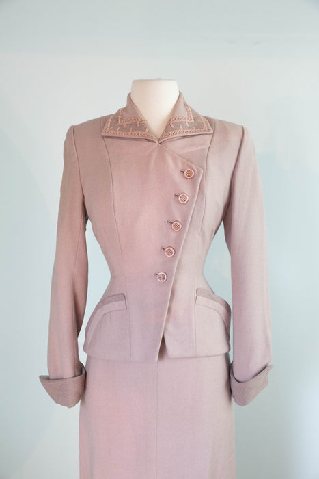 Impeccable Late 1940's Rose Taupe Wool Ladies Two Piece Suit by Natalie Green / XS