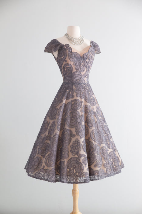 Exquisite 1950's Couture Cocktail Dress in Mauve Alencon Lace / S