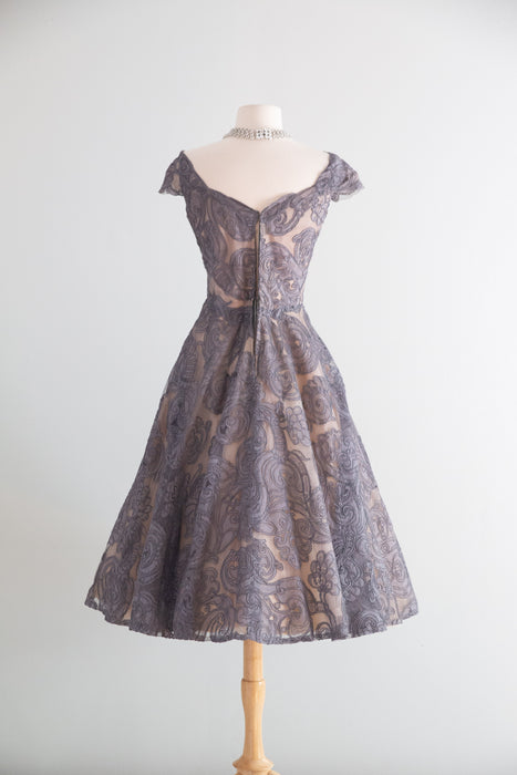 Exquisite 1950's Couture Cocktail Dress in Mauve Alencon Lace / S