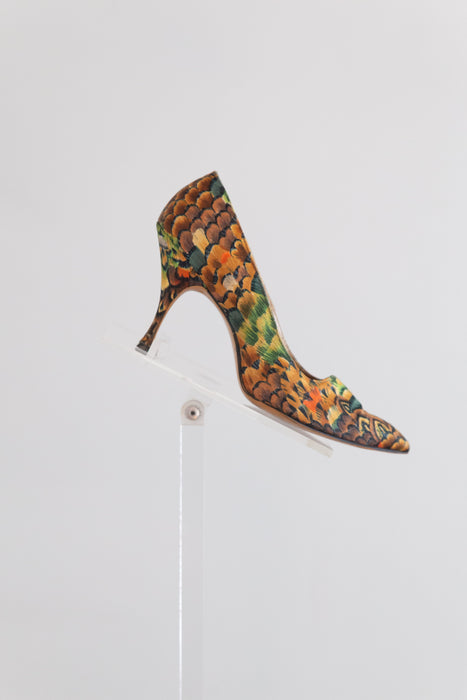 Fabulous 1950's Feather Print Satin Stilettos By QualiCraft / 8B