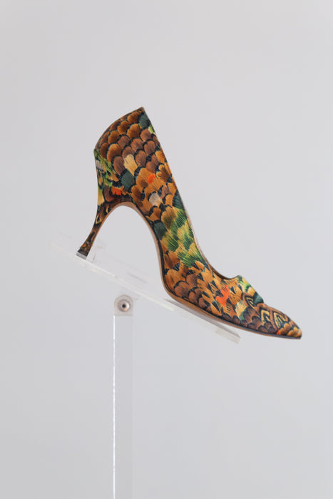 Fabulous 1950's Feather Print Satin Stilettos By QualiCraft / 8B