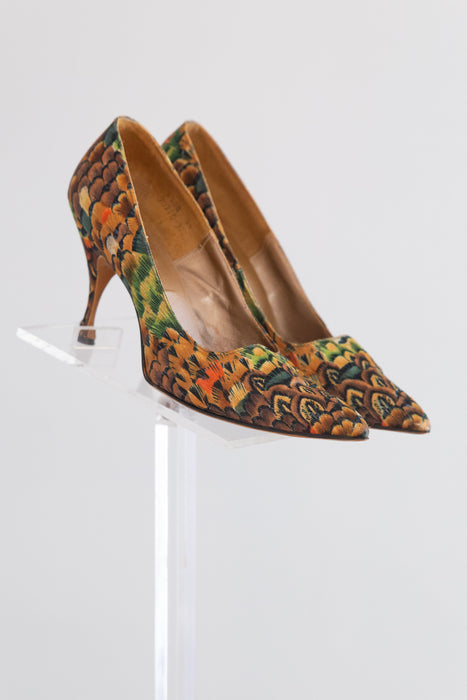 Fabulous 1950's Feather Print Satin Stilettos By QualiCraft / 8B