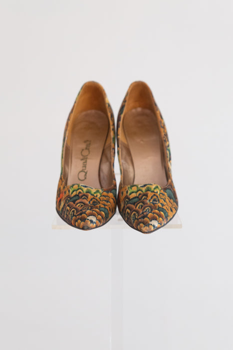 Fabulous 1950's Feather Print Satin Stilettos By QualiCraft / 8B