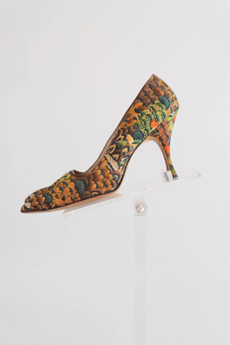 Fabulous 1950's Feather Print Satin Stilettos By QualiCraft / 8B