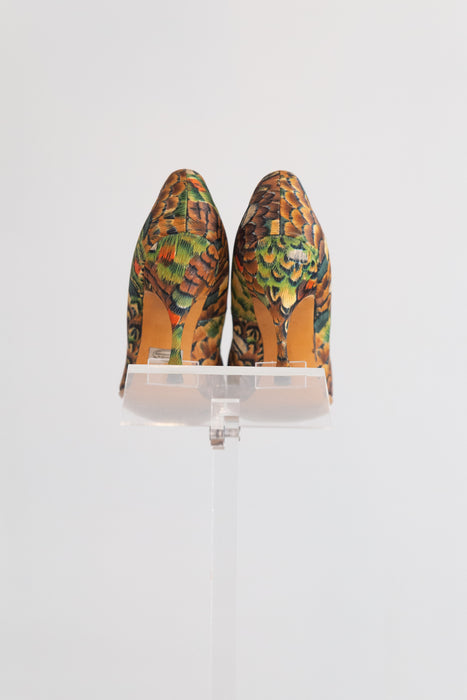 Fabulous 1950's Feather Print Satin Stilettos By QualiCraft / 8B