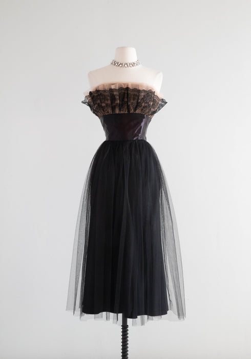 Glamorous 1950's Black Tulle Cocktail Party Dress / Small