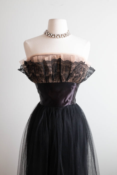 Glamorous 1950's Black Tulle Cocktail Party Dress / Small