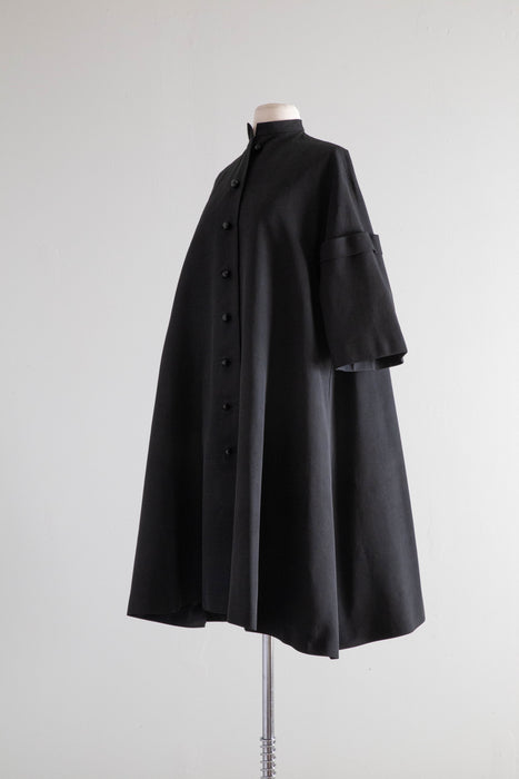 Dramatic 1950's Black Faille Evening Coat With Glass Buttons / Medium