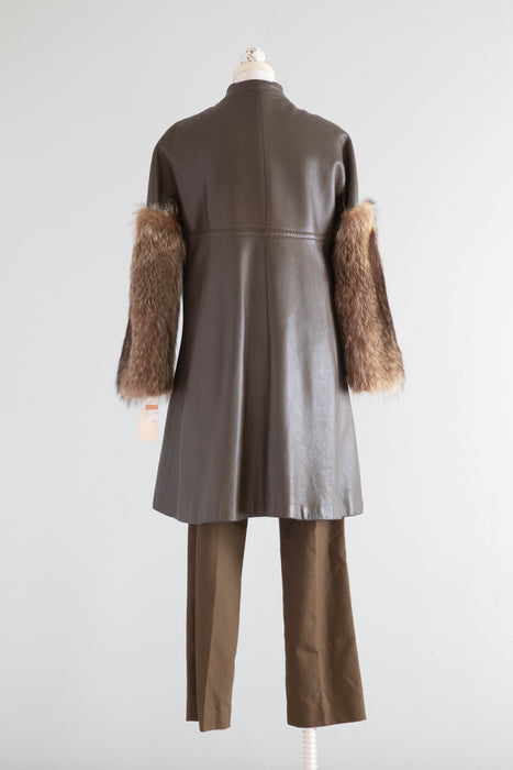 Iconic Late 1960's NOS Bonnie Cashin Three Piece Leather & Fur Coat & Pant Suit  Set / Medium