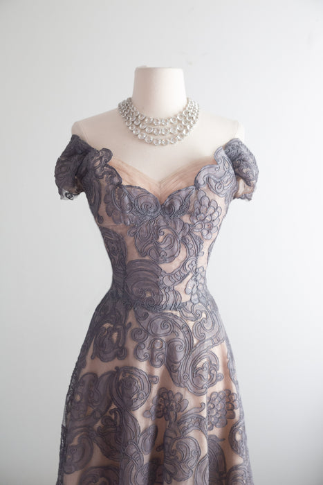 Exquisite 1950's Couture Cocktail Dress in Mauve Alencon Lace / S