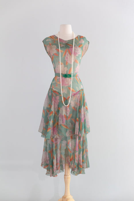 Exquisite Late 1920’s Green Silk Hydrangea Print Dress And Jacket Set / S