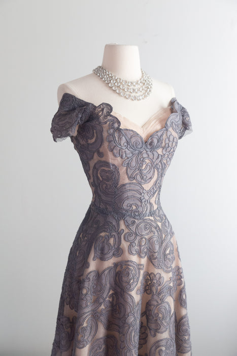 Exquisite 1950's Couture Cocktail Dress in Mauve Alencon Lace / S