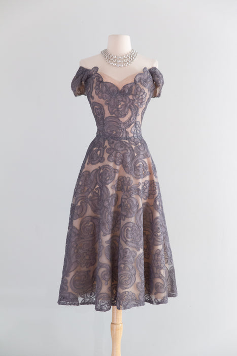 Exquisite 1950's Couture Cocktail Dress in Mauve Alencon Lace / S