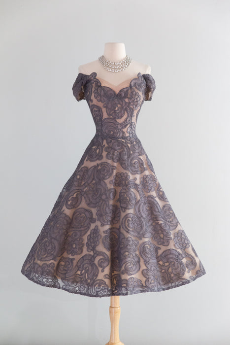Exquisite 1950's Couture Cocktail Dress in Mauve Alencon Lace / S