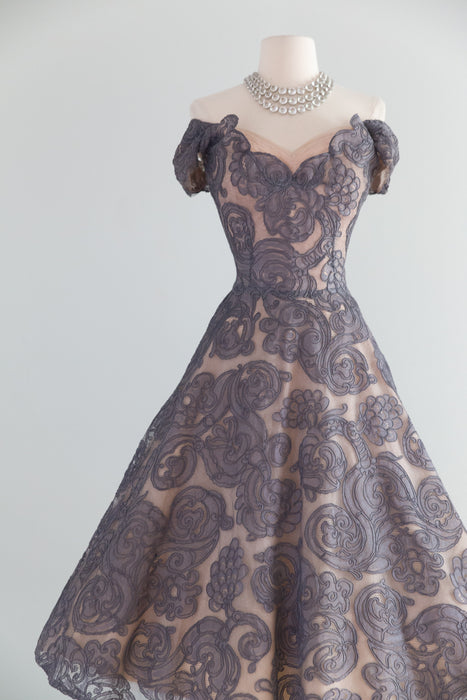Exquisite 1950's Couture Cocktail Dress in Mauve Alencon Lace / S