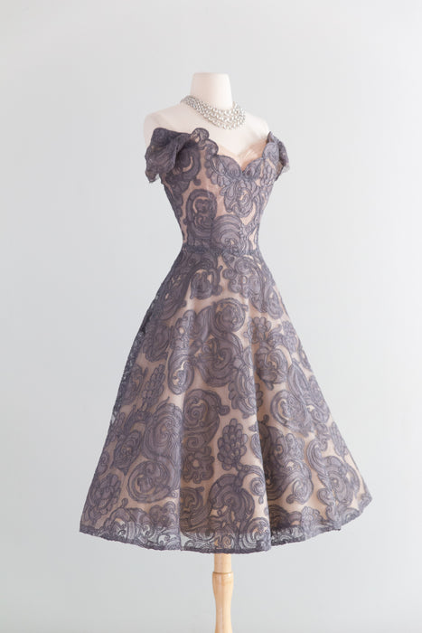 Exquisite 1950's Couture Cocktail Dress in Mauve Alencon Lace / S