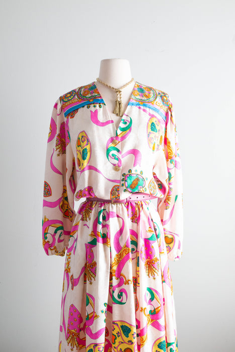 Fabulous 1980's Diane Freis Silk Dress With Hearts and Ribbons / Medium