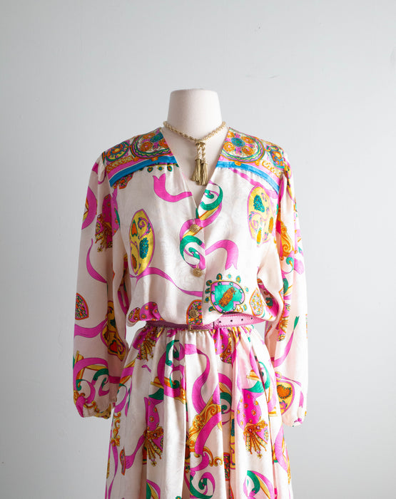 Fabulous 1980's Diane Freis Silk Dress With Hearts and Ribbons / Medium