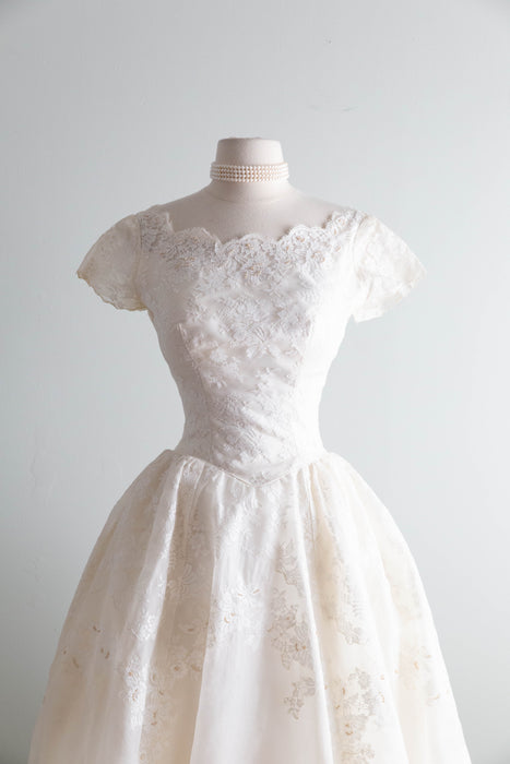 Fairytale 1950's Silk Organza Wedding Gown With Lace & Pearls / XS