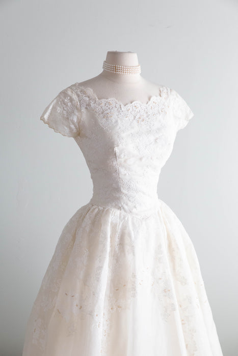 Fairytale 1950's Silk Organza Wedding Gown With Lace & Pearls / XS