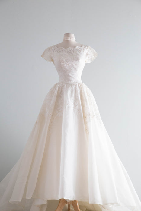 Fairytale 1950's Silk Organza Wedding Gown With Lace & Pearls / XS