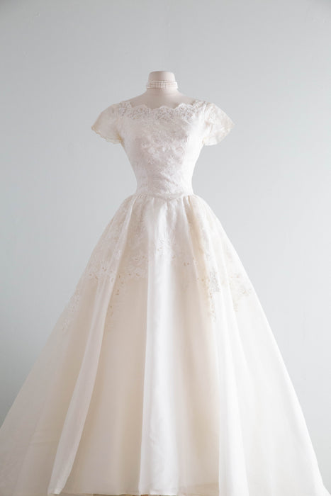 Fairytale 1950's Silk Organza Wedding Gown With Lace & Pearls / XS