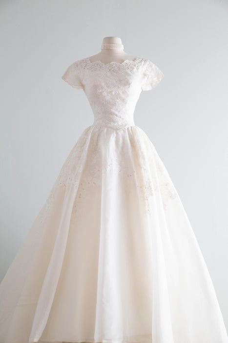 Fairytale 1950's Silk Organza Wedding Gown With Lace & Pearls / XS