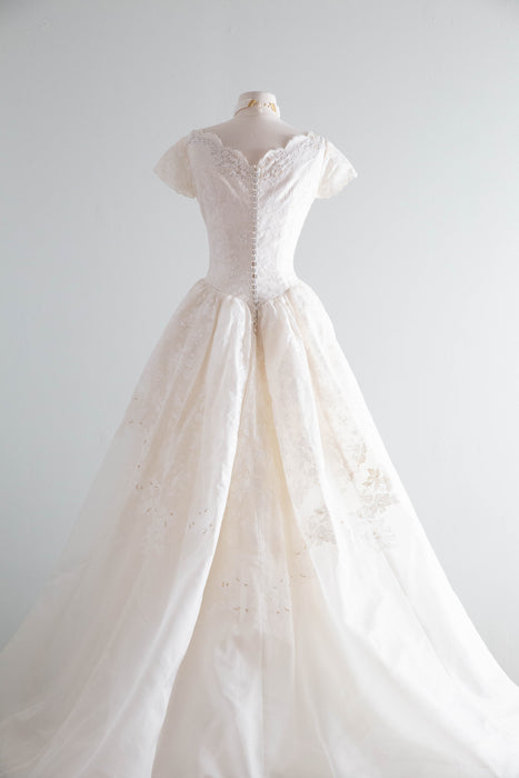 Fairytale 1950's Silk Organza Wedding Gown With Lace & Pearls / XS