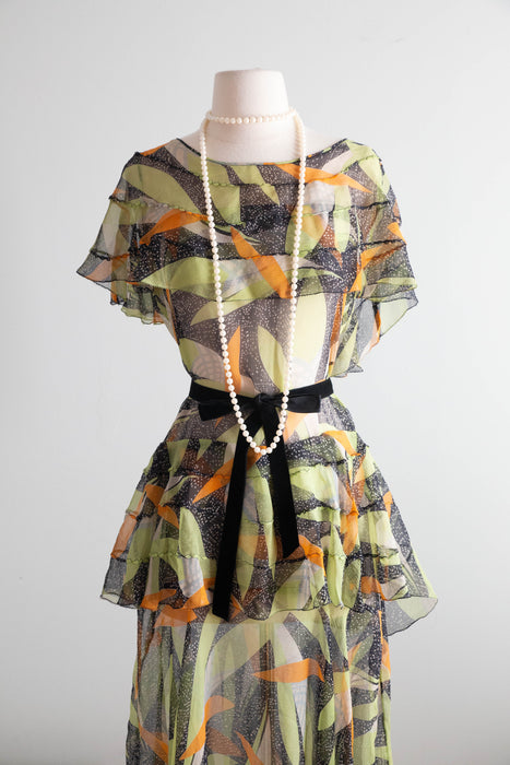 Rare Autumnal Silk Chiffon Dress From The Late 1920's / SM